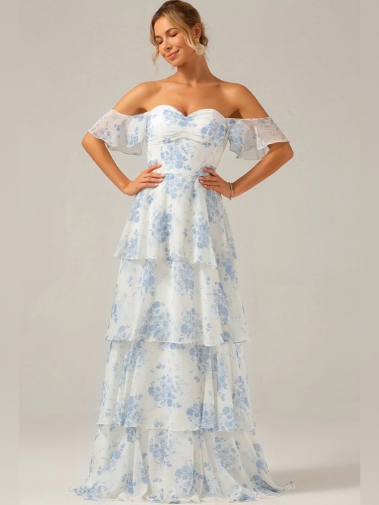 Zapaka Dresses & Skirts - White Blue Floral Boho Chiffon Ruffled Long Dress -Bridesmaid Garden Party Derby